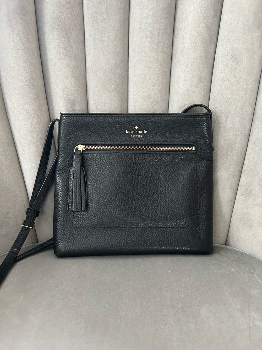 kate spade Black Pebbled Leather Crossbody with Tassel Zip
